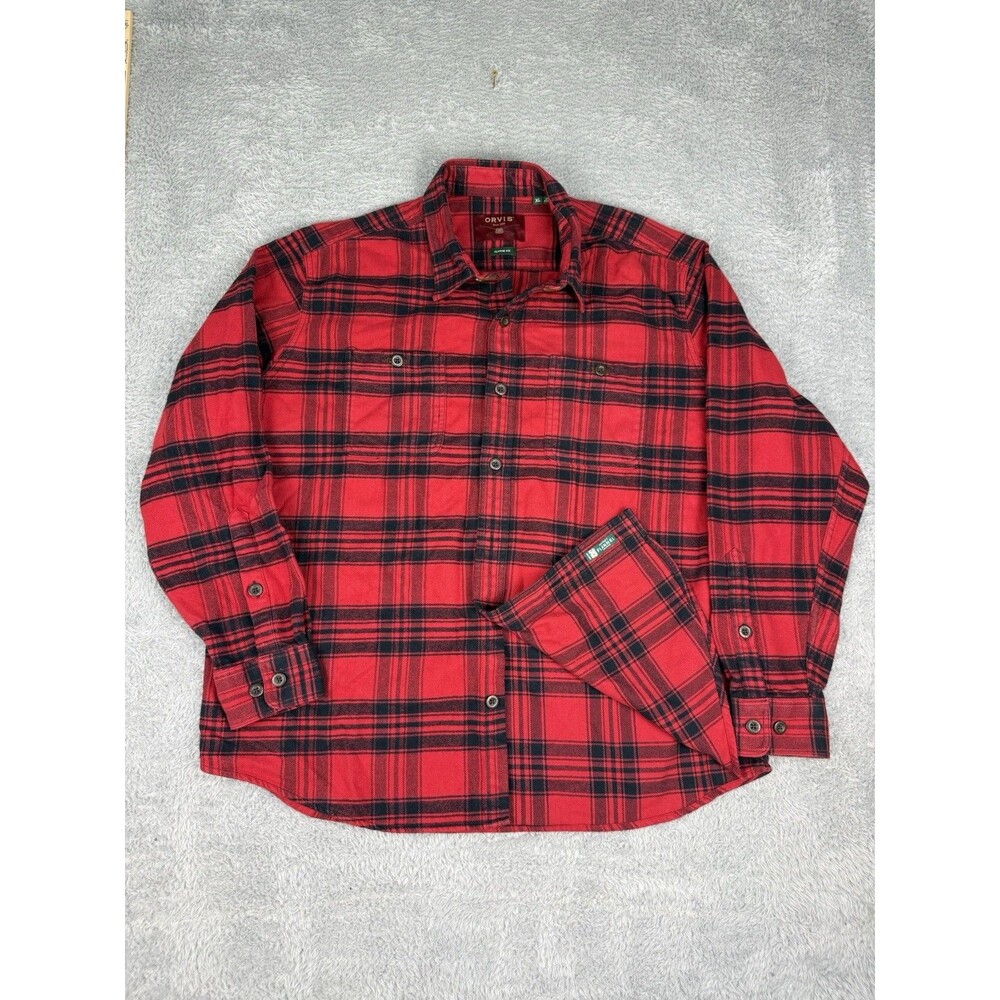 Orvis Perfect Flannel Shirt Mens XL Red Black Plaid Classic Fit Cotton Outdoor